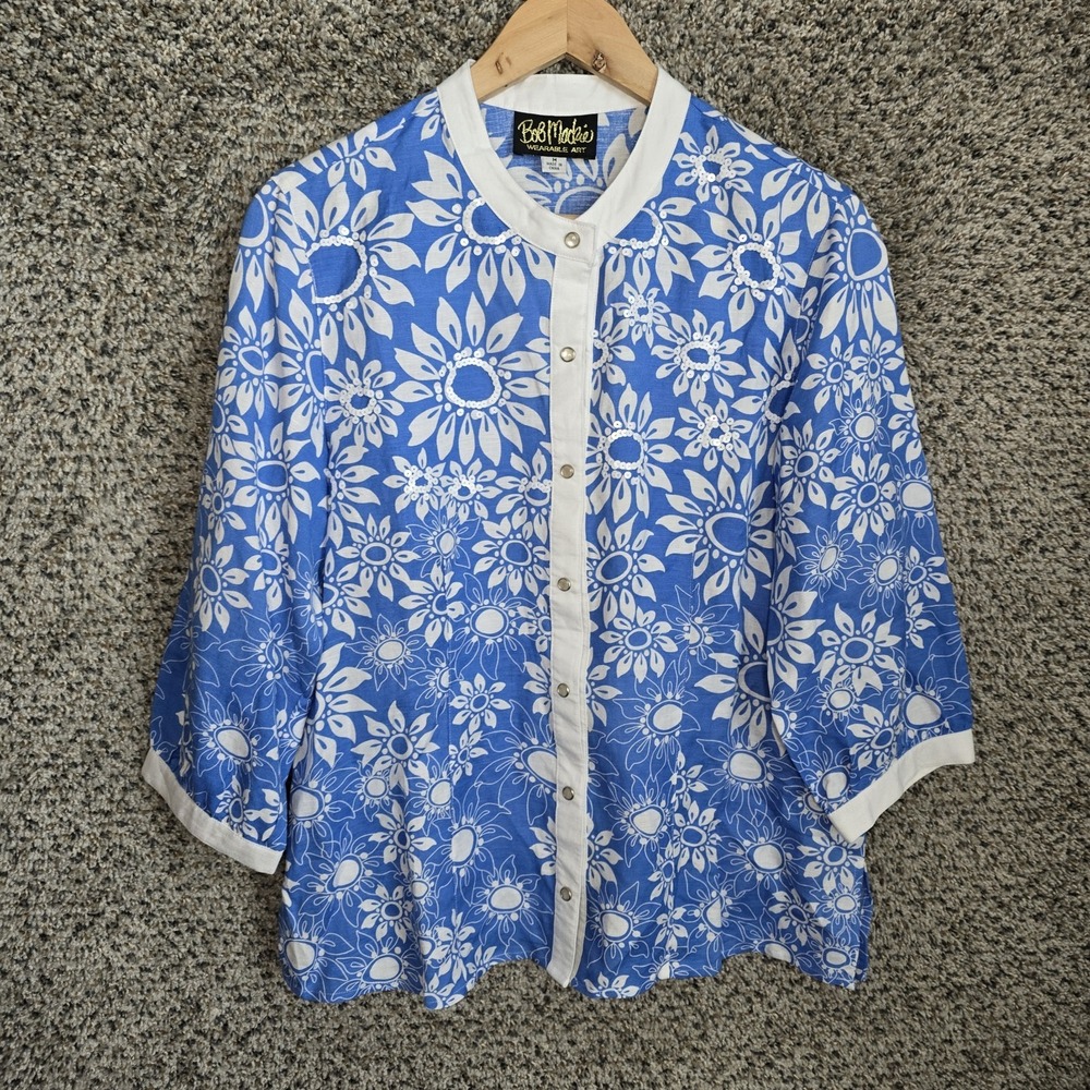 Bob Mackie Top Womens Medium Blue Wearable Art Linen Blend Snap Button Blouse